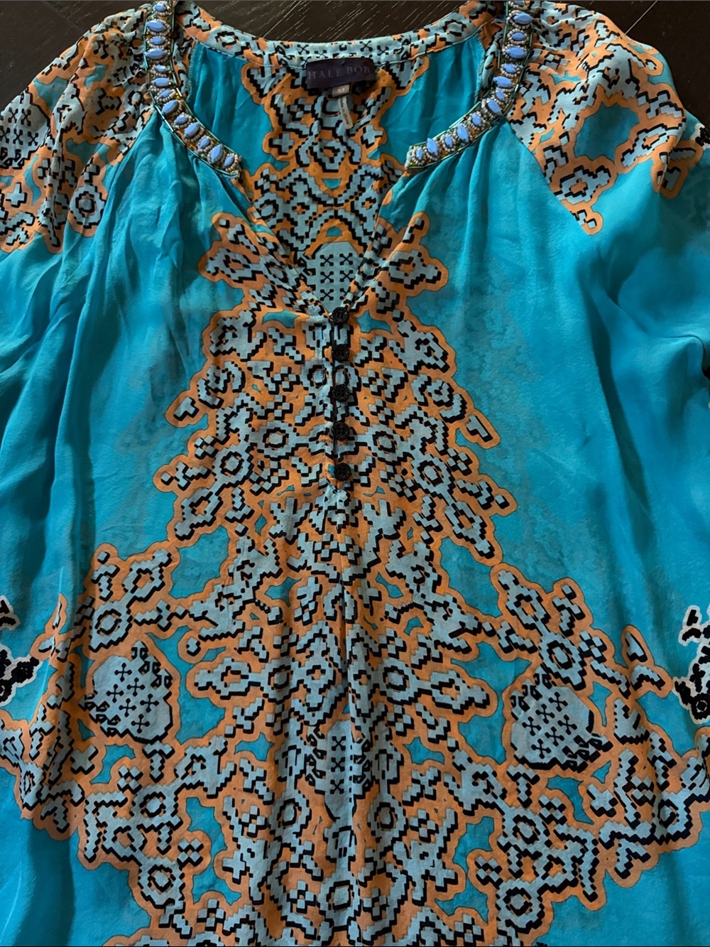 Halé Bob Turquoise & Orange Embroidered 💯 %Silk Blouse